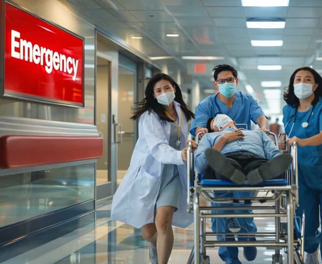 3 Doctors push child on stretcher in hospital