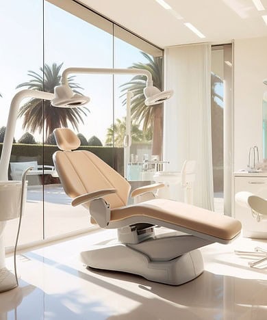 Chair in a dentist office with large windows and natural light.